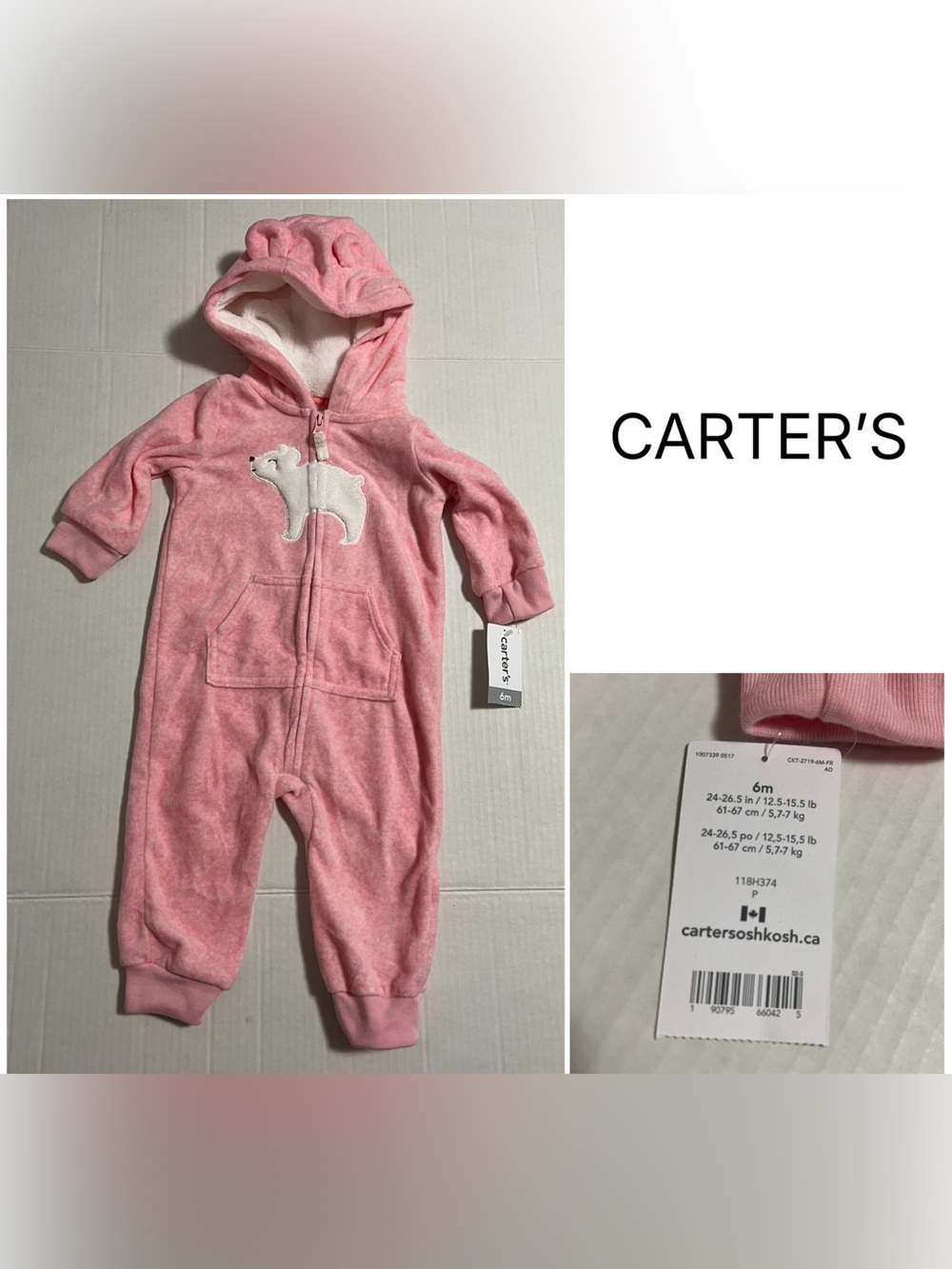 CARTER’S - 6M - NWT - INFANT GIRLS PINK POLAR BEAR HOODED FLEECE COVERALL